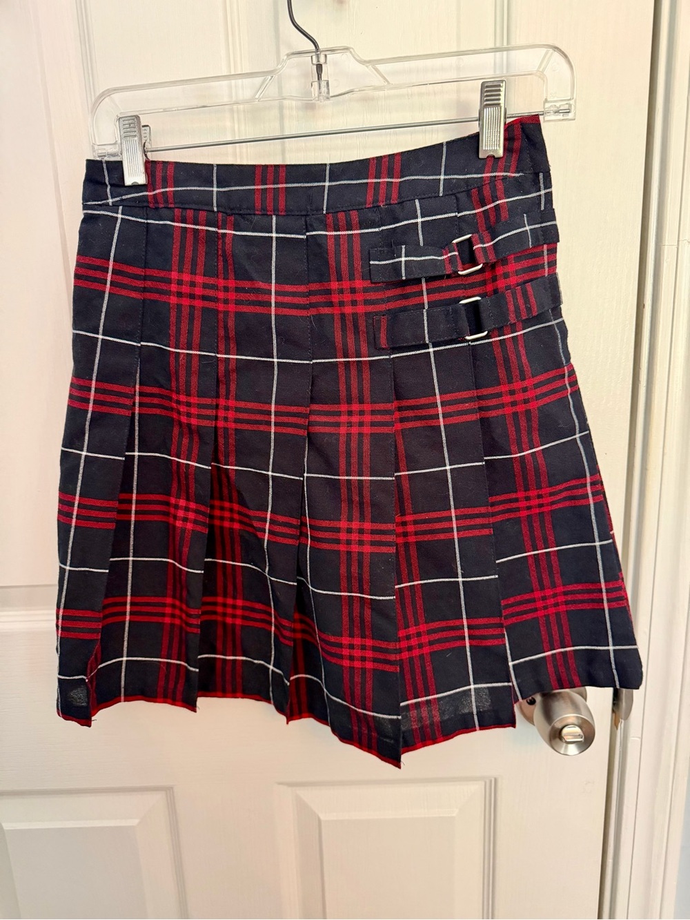 French Toast Red Black Plaid Pleated Mini Skort with Buckle Detail Size 14